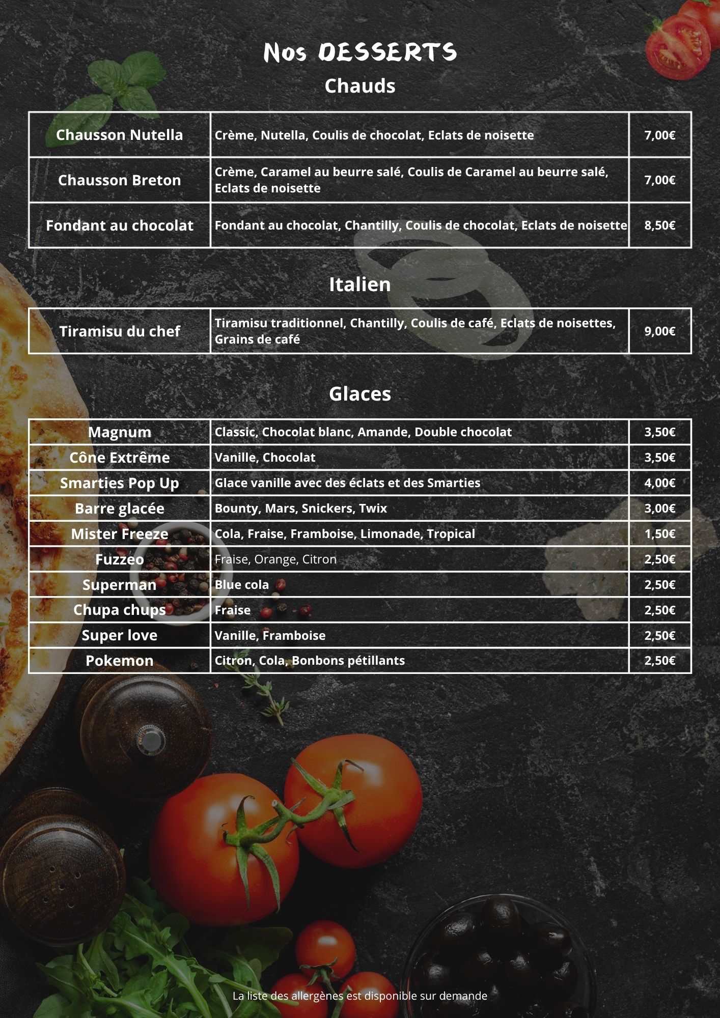 menu desserts - pizzeria du soleil barcares