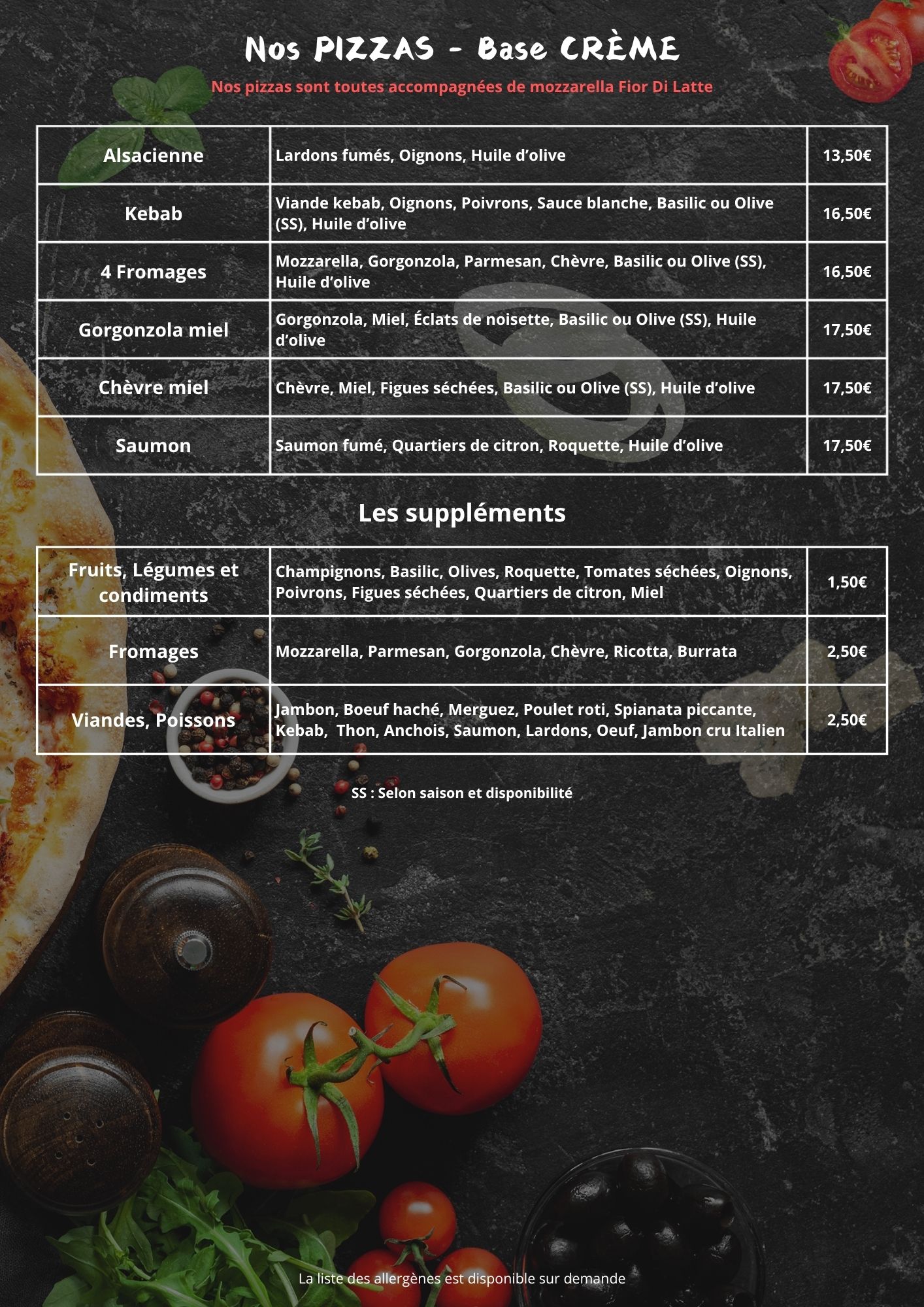 menu pizzas base crème - pizzeria du soleil barcares