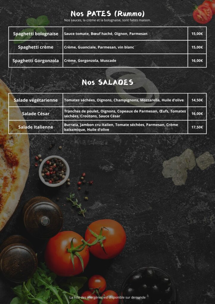 menu pates et salades - pizzeria du soleil barcares